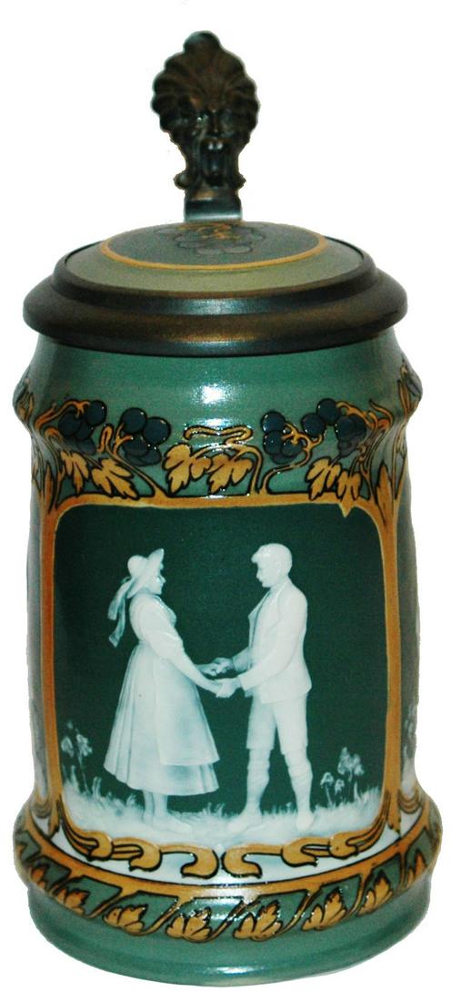 Mettlach Art Nouveau Cameo Couples Panels Stein: Mettlach #2756 Cameo 1/2L. Three panels of couples on Art Nouveau style body. Inlay lid. Mint.