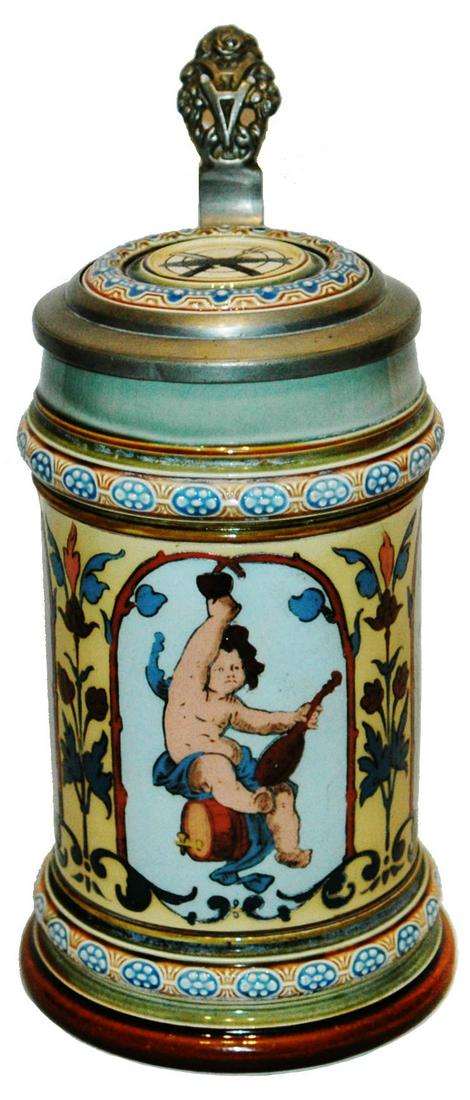 Mettlach Stein w Panels of Cherub Monkey & Cat (1 of 5)