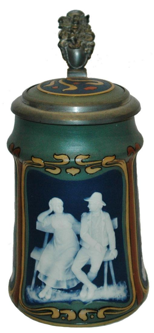 Mettlach art Nouveau Cameo Couples Panels Stein: Mettlach #2754 Cameo 1/2L. Three panels of couples on Art Nouveau style body. Inlay lid. Mint.