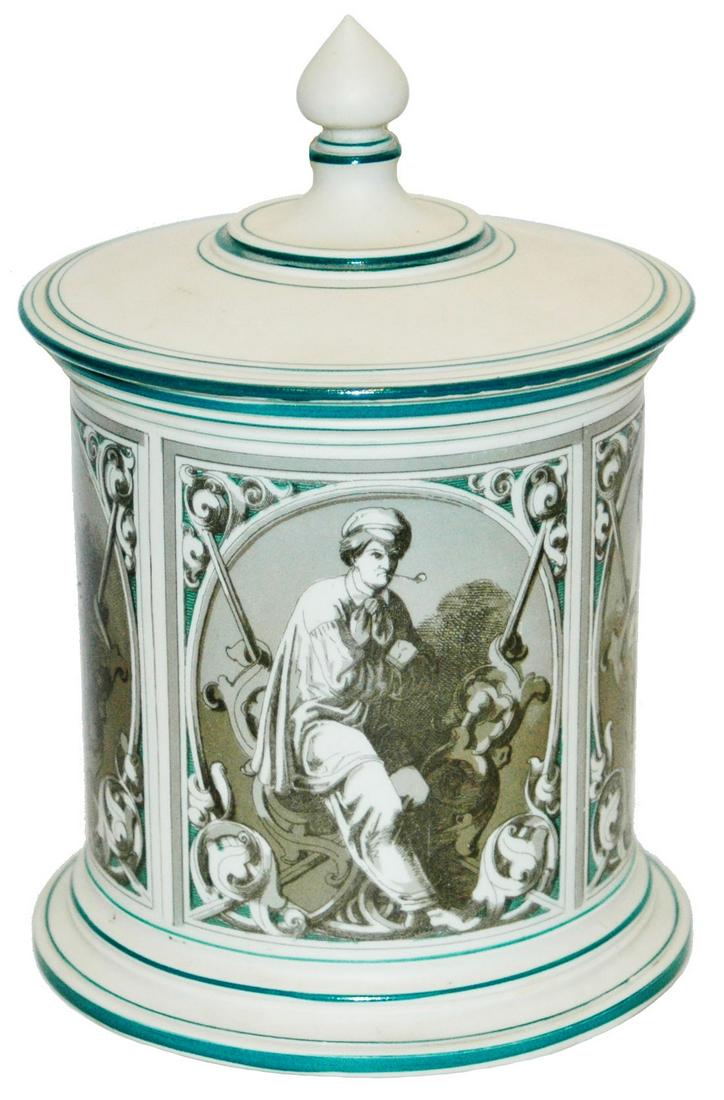 Mettlach Parian Tobacco Jar of Students & Hunter: Mettlach Parian POG 8Ã¯Â¿½ Tobacco Jar. Four panels of students and hunter. Set on lid. Mint.