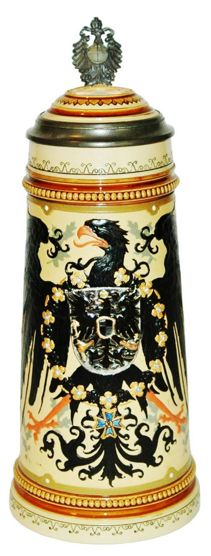 Mettlach 1L Imperial Eagle & Shield Stein w Inlay (1 of 5)