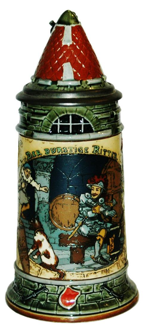 Mettlach 1L Thirsty Knight Schlitt Stein Roof Lid: Mettlach #2382 Etched 1L. Thirsty knight. Signed Schlitt. Conical inlay lid. Mint.