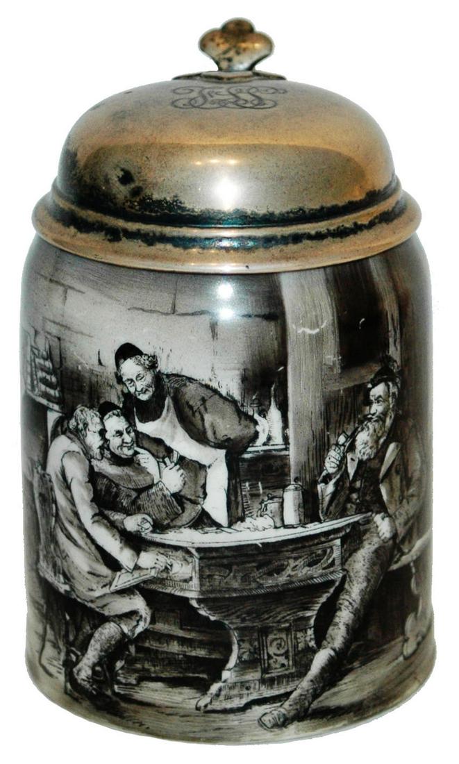 Lenox Monks & Men in Tavern Stein w Silver Lid: Porcelain Lenox POG 1/2L. Monks and men in pub. Silver lid. .