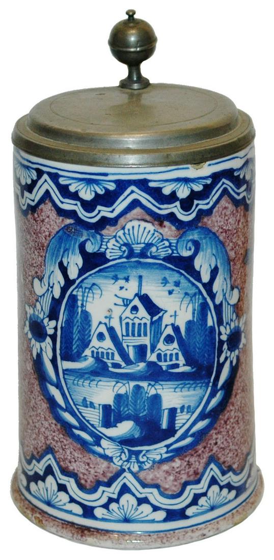 1L Nurnberg Faience c1750 Floral & Bldgs Stein (1 of 4)