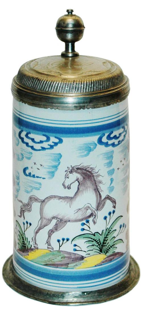 1L Bayreuth Faience Horse & Floral Stein c. 1760 (1 of 5)