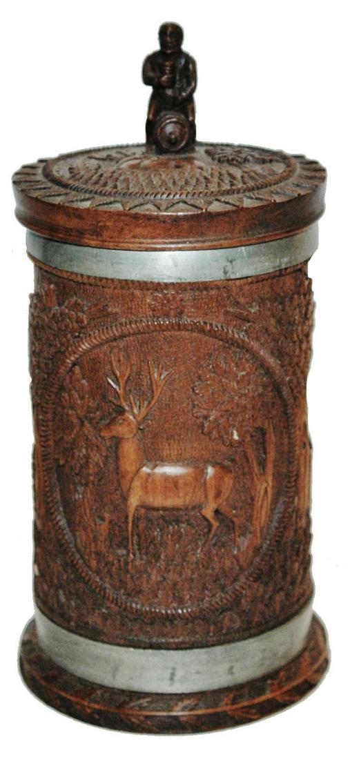 Carved Wood Stein & Lid  w Stag, Birds & Boar (1 of 5)
