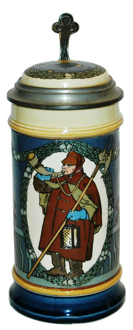 Mettlach Nightwatchman Cat & Fish Stein w Inlay (1 of 5)