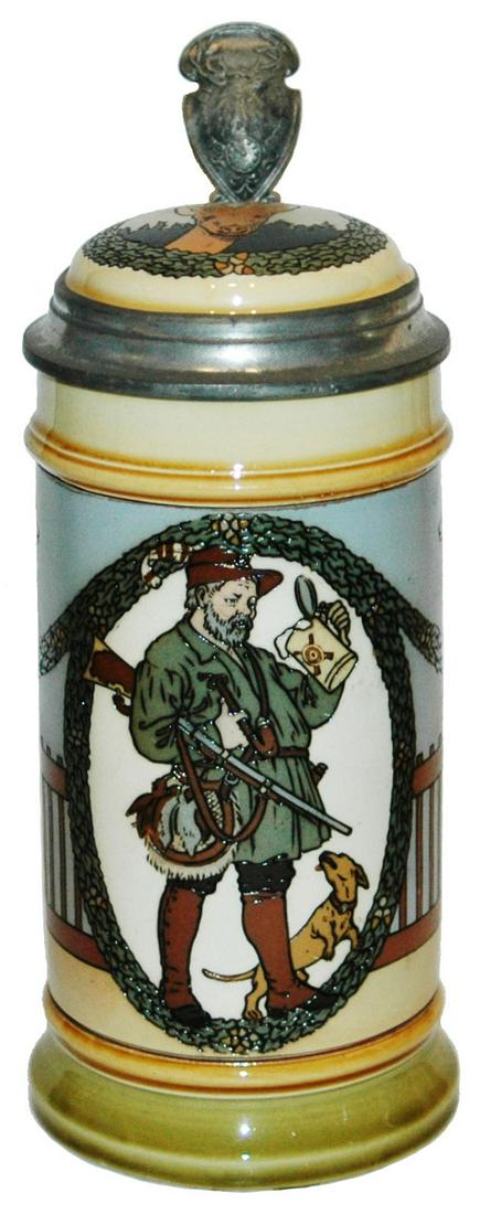 Mettlach Hunter w Stein & Dog & Stags on Side: Mettlach #2938 Etched 1/2L. Hunter with stein and dog. Stags on sides. Inlay lid. Mint.