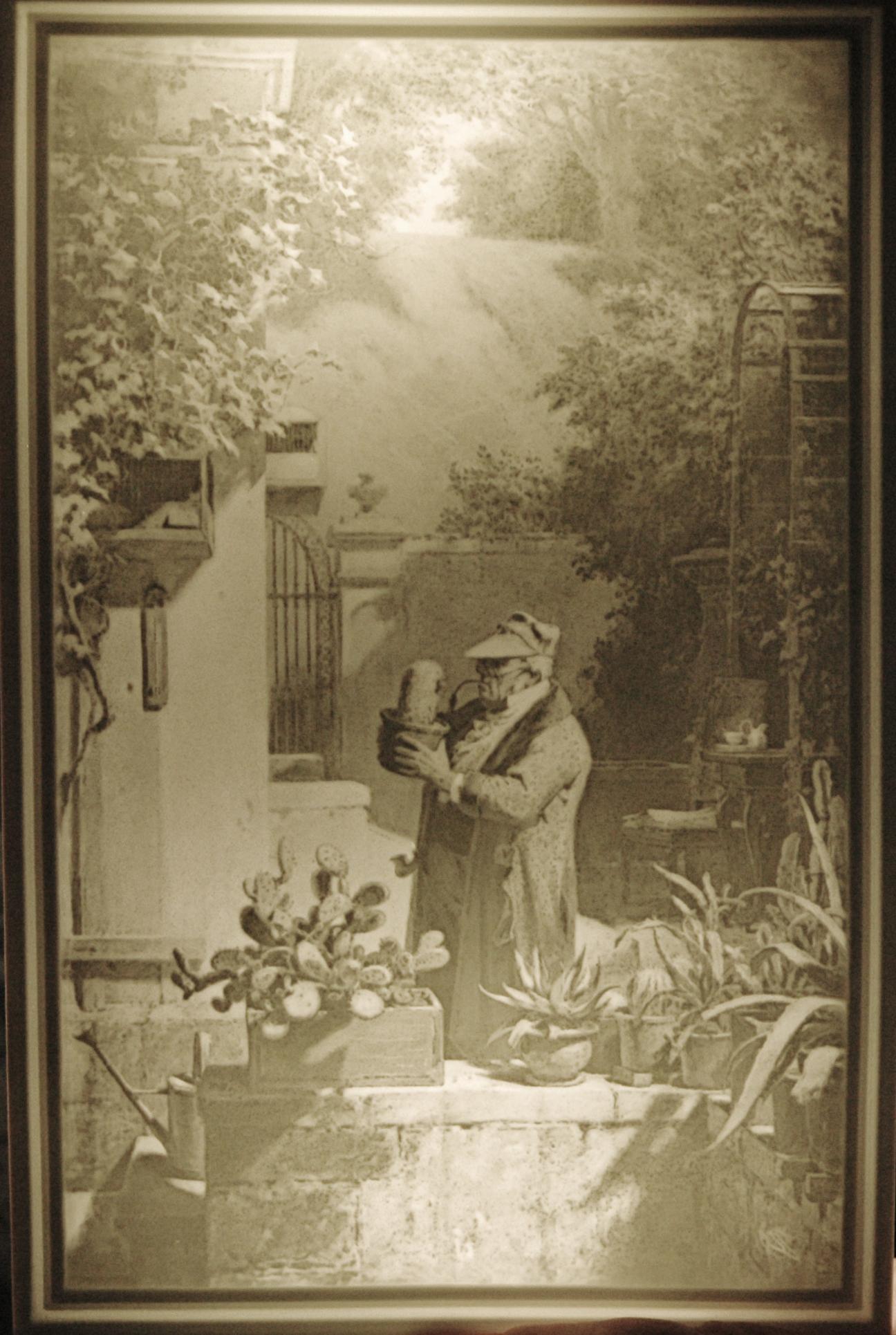 Lithophane, Man in Garden Holds Beer Stein: Lithophane 7ï¿½ by 11ï¿½. Man in garden holds beer stein. Crown mark. Mint.