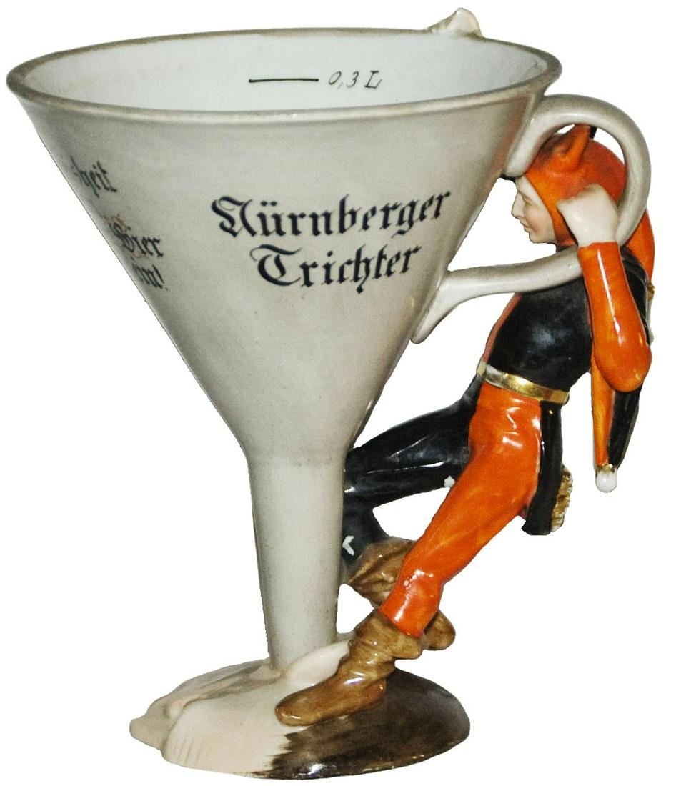 Nurnberger Trichter Jester & Funnel Schierholz: Character Goblet 1/2L Schierholz Porcelain. ï¿½Nurnberger Trichter.ï¿½ Jester uses large funnel to pour wisdom into mans head that is the foot of the goblet. Mint.