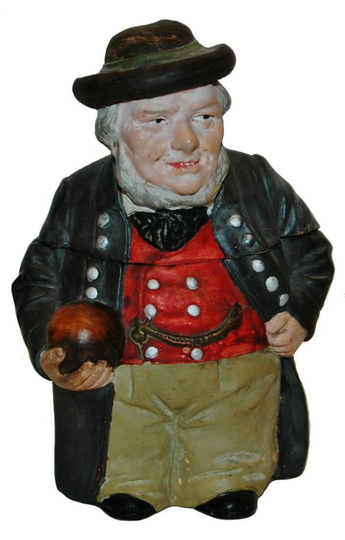 Bowler w Ball Terra Cotta Jon Meresh Tobacco Jar: Terracotta 8ï¿½ JM #659 Tobacco Jar. Bowler holds bowling ball. Normal wear.