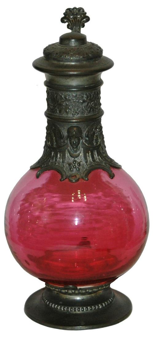 Cranberry & Pewter Relief Floral & Faces Stein: Blown Cranberry and pewter 1/2L. Pewter relief faces and floral. Mint.