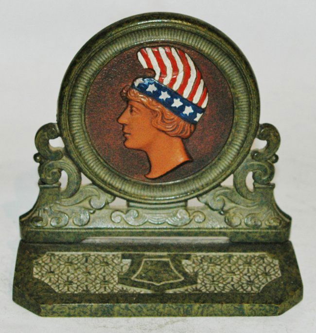 Antique Enameled Brass Victorian Woman w US Flag Hat Book End. (1 of 2)