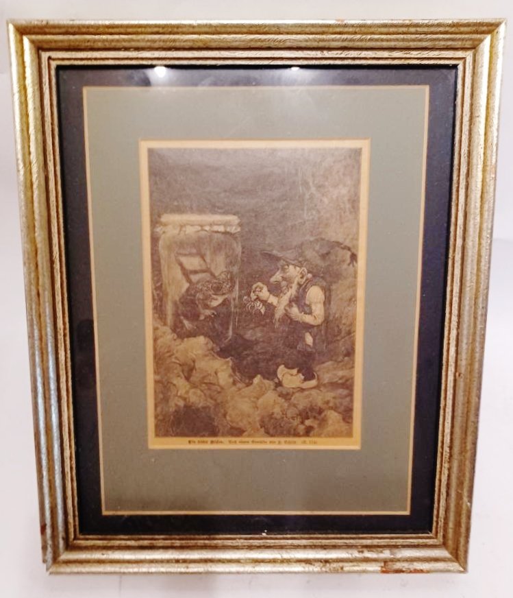 Framed Childs Book Heinrich Schlitt Illustration Dwarf & Frog: Framed 14" by 11" Heinrich Schlitt print from children's book. Dwarf shows bee to frog in mason jar