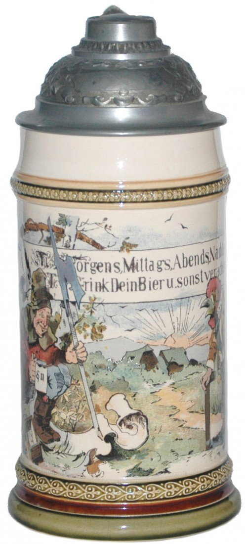 Mettlach Rooster & Night Watchman Stein: ½ L. Mettlach 2140/942 PUG . Rooster and Night Watchman
