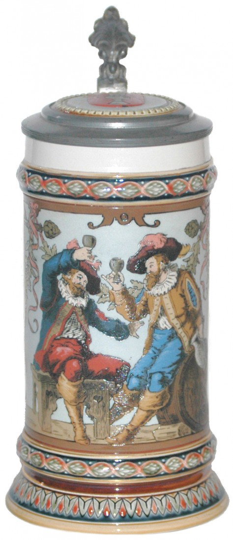 Mettlach Drinking Cavaliers Stein: ½ L. Mettlach #1932 Etched. Drinking Cavaliers. Has original factory installed inlay from a #1527.