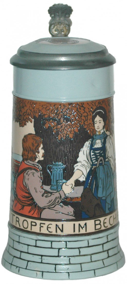 Mettlach Etched Couples Stein # 2833-D: ½ L. Mettlach #2833-D Etched. Young couple. Inlay lid.
