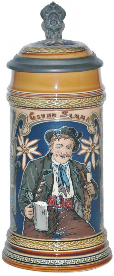 Mettlach Etched Bavarian Man Stein: ½ L. Mettlach #2745 etched. Bavarian man. Edelweiss. Inlay lid.