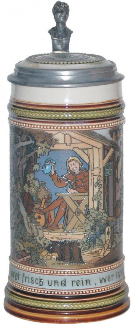 Mettlach #2531 Etched Stein: ½ L. Mettlach #2531 etched . Cavaliers playing dice game. Inlay lid