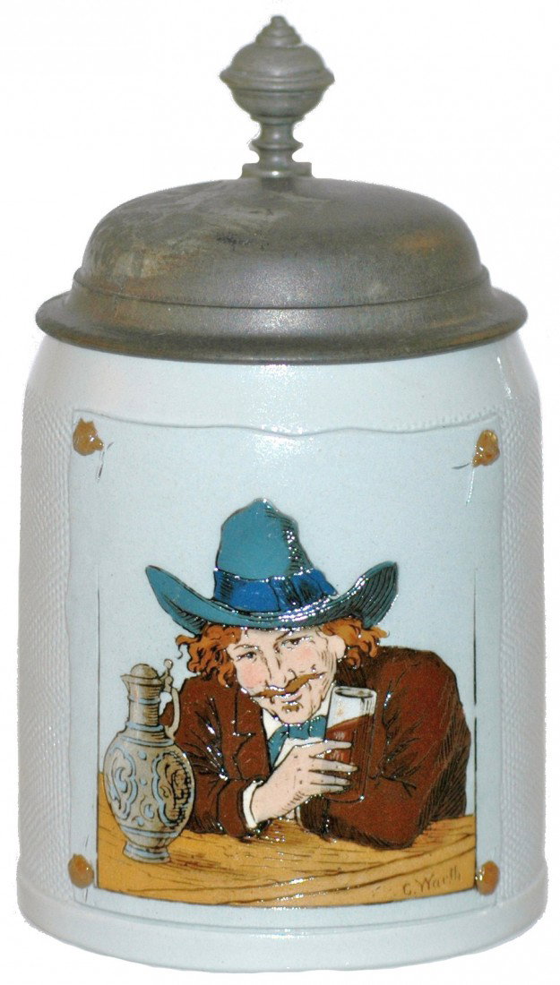 Mettlach Signed Warth Stein: ½ L. Mettlach #1642 etched Drinker, signed Warth.