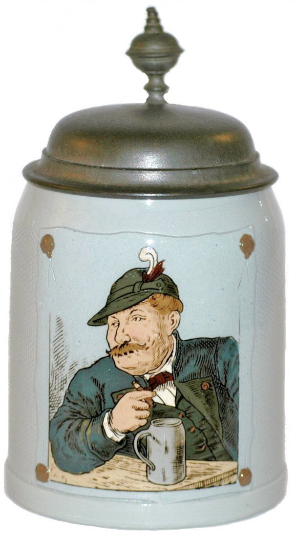 Mettlach Etched Man with Stein: ½ L. Mettlach #1644 Etched man with a stein.