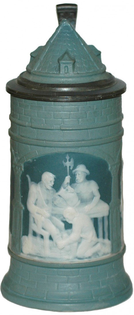 ¼ L Cameo Mettlach Stein: ¼ L. Mettlach #2652. Cameo Knights. Turret Inlay lid.