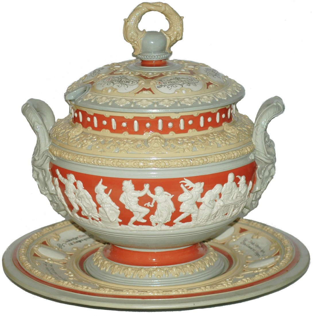 Mettlach Punch Bowl, Lid and Underplate: 4L Relief Mettlach #2087 Punch Bowl. Dancing figures wrap around the entire body. Set on lid and underplate.