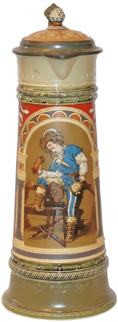 3 Liter Mettlach Drinking Cavalier Stein: 3 L. Mettlach #2430 Etched drinking cavalier. Inlay lid with hops bud finial.
