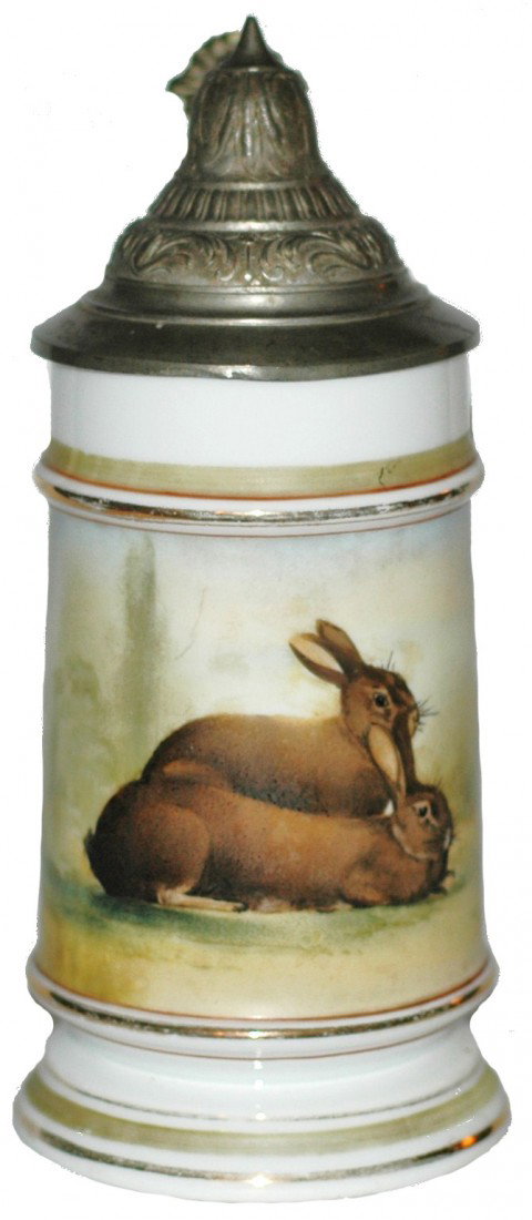 Rabbit Porcelain Stein: ½ L. Porcelain POG . Two cute rabbits