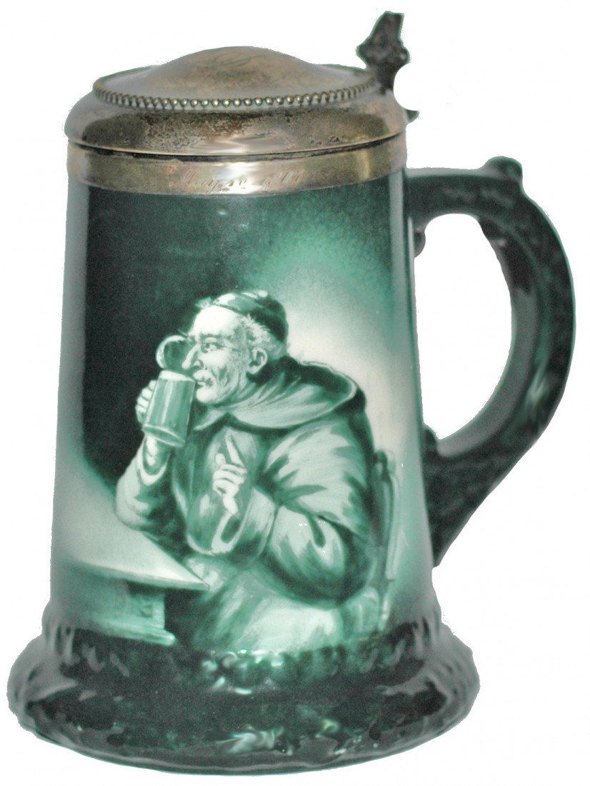 Lenox Monk Porcelain Stein: ½ L. Porcelain POG. Monk in green coloring. Silver lid and top rim.