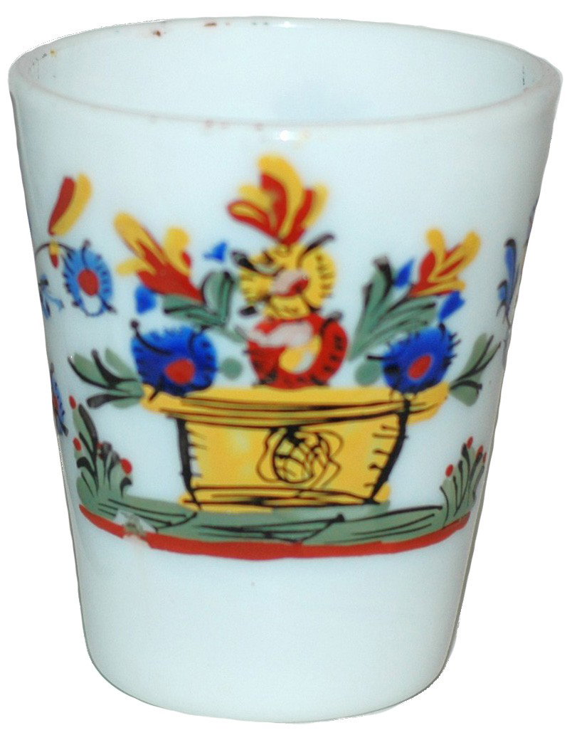 Opaline Glass Beaker Circa 1780: 3 ½ " Blown Opaline Glass Beaker. Enamel Floral. Circa 1780.