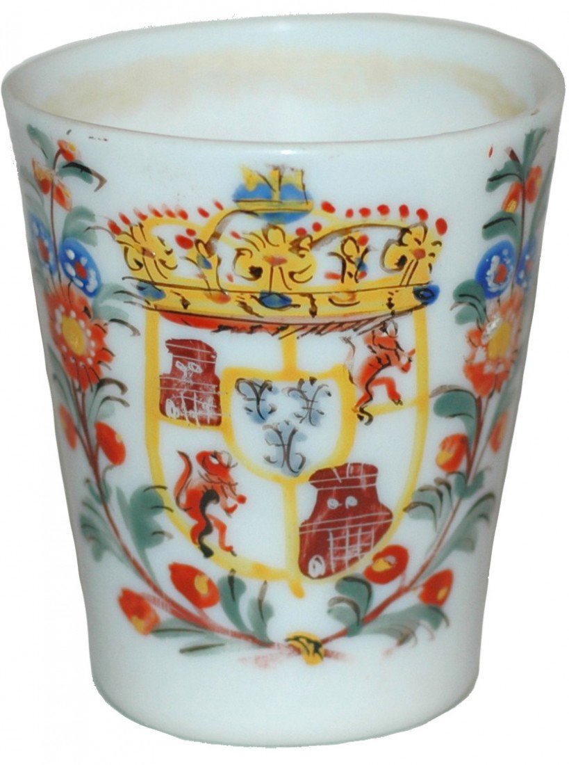 Opaline Glass Beaker Circa 1780: 3 ½ " Blown Opaline Glass Beaker. Enamel Spanish shield and verse on opposite side.. Circa 1780.