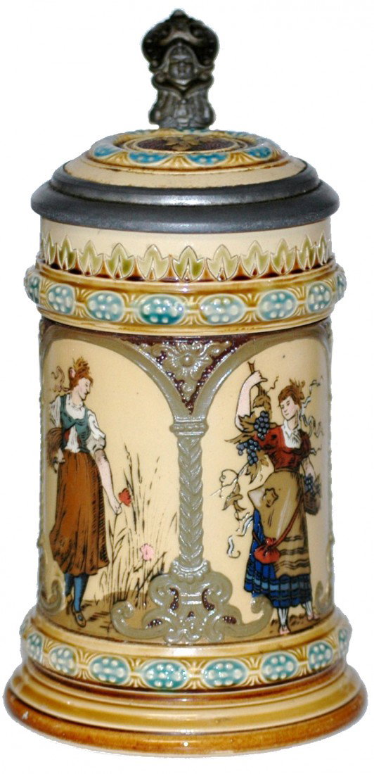 Mettlach Four Seasons ¼ L Stein: ¼ L. Mettlach #1972 Etched. Four Seasons.