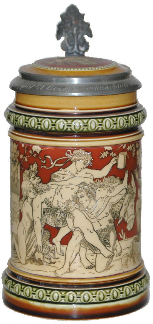 Mettlach Etched Bacchus Orgy Scene Stein: ½ L. Mettlach #2035 Etched Bacchus orgy scene. Inlay lid