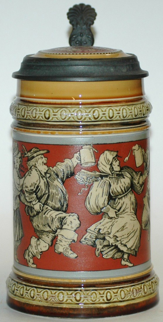 Mettlach Etched Dancers Stein: ½ L. Mettlach etched dancers holding steins. Inlay lid.