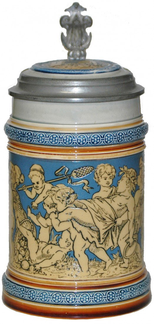 Mettlach Etched Cherubs Stein: ½ L. Mettlach #2025 Etched Cherubs. Inlay lid.