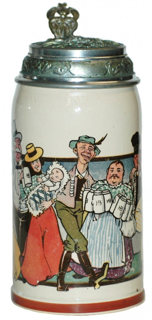 Mettlach People w HB Mugs Stein: ½ L. Mettlach #1909/1102 PUG. People with HB steins. Relief pewter lid