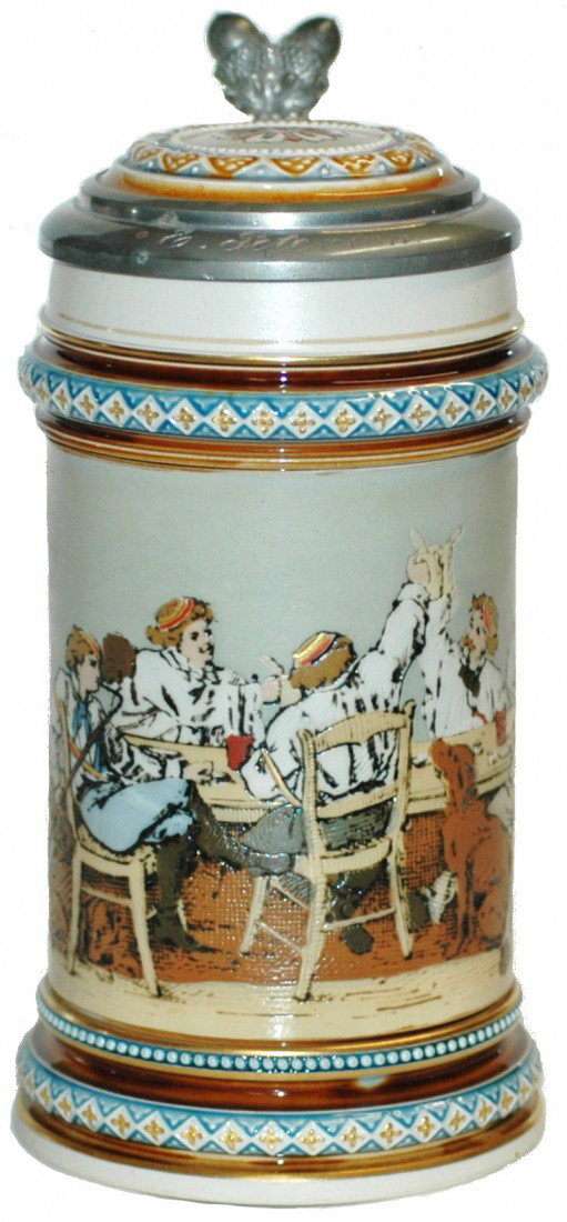 Mettlach Dueling Student Stein: ½ L. Mettlach Etched #1146. Dueling Student Gathering. Inlay lid.