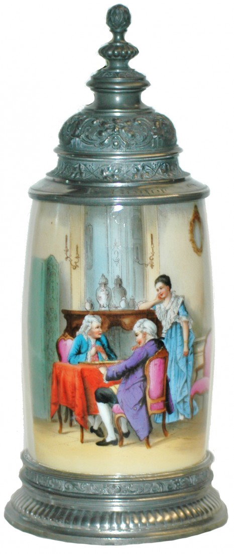 Porcelain Stein with Chess Game Scene: ½ L. Porcelain POG. Chess game. Pewter relief lid and base rim.