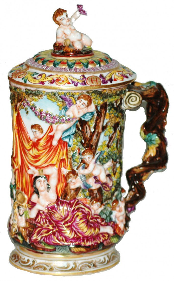 Capo-di-Monte Hand Painted Stein: 1 L. Porcelain Relief. Hand Painted. Capo-di-Monte. Cherubs and women. Matching set o lid. Figural vine handle