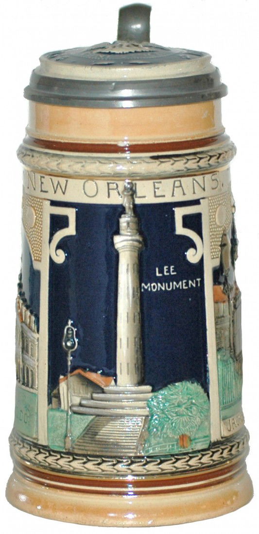 Louisiana State Souvenir Stein: ½ L. Pottery Relief . New Orleans, Jackson statue, Lee Monument and Spanish Cabildo. Pottery inlay in lid shows "State of Louisiana, Union Justice Conference"
