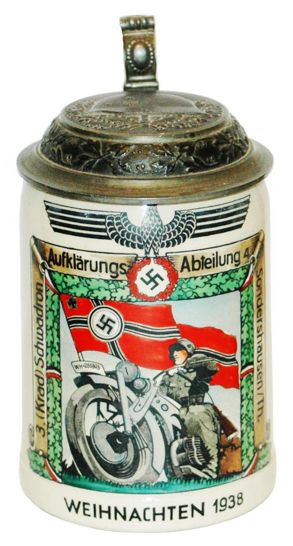 1938 3rd Reich Motorcycle Rider Stein 3 Squadron: Third Reich Stein Pottery POG 1/2L. ï¿½3 Krad Schwadron Aufklarungs Abteilung 4 Sondershausen Th. Weihnachten 1938.ï¿½ Motorcycle rider. Mint.