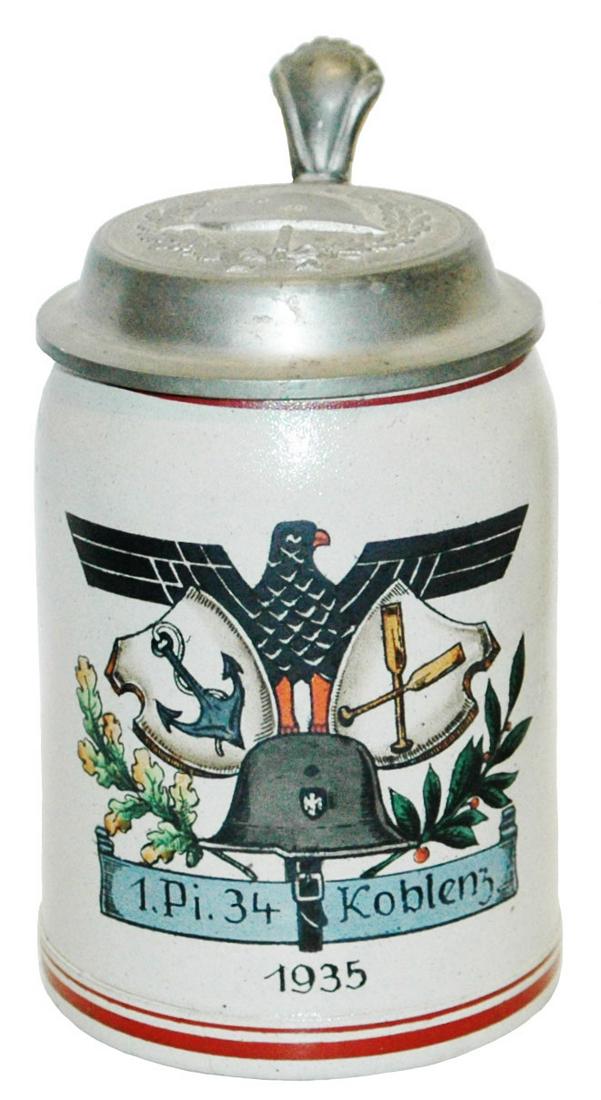 1935 3rd Reich Eagle Shields & Helmet Koblen Stein: Third Reich Stein Stoneware POG 1/2L. Eagle, shields and helmet ï¿½1 Pi. 34 Koblenz 1935.ï¿½ Helmet pewter lid. Mint.
