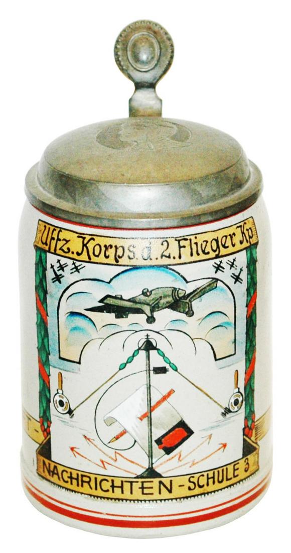Rare Flieger 3rd Reich Airplane Stein w Pilot Lid: Third Reich Stein Stoneware POG 1/2L. ï¿½Uttz. Korps. d. 2 Flieger Kp. Nachrichten Schule 3.ï¿½ Airplane scene. Pilot on pewter lid. Mint. Rare.