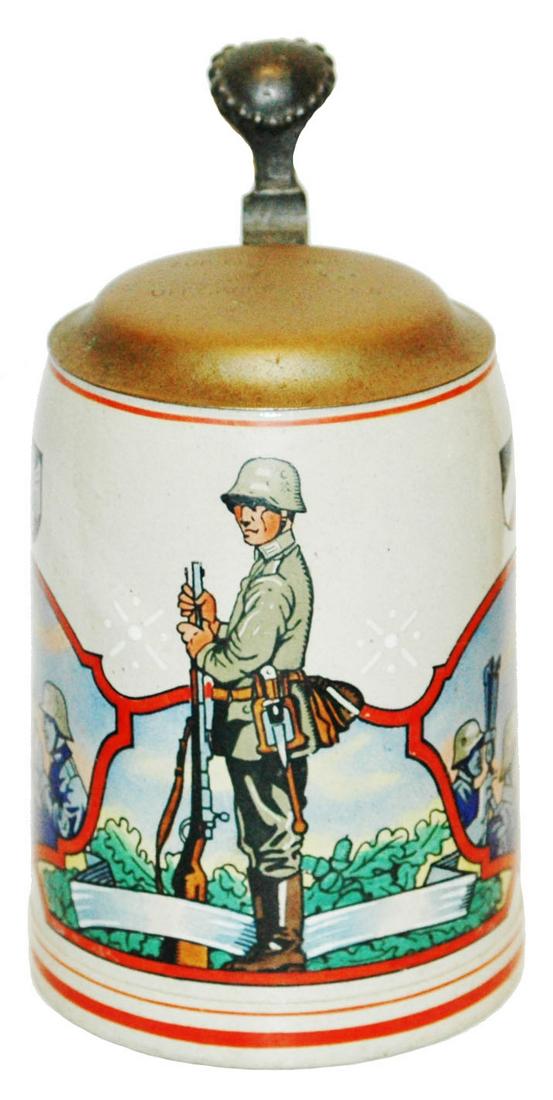 3rd Reich Machine Gunner & Soldier Stein: Third Reich Stein Pottery POG 1/2L. Machine gunner and soldier. Mint.