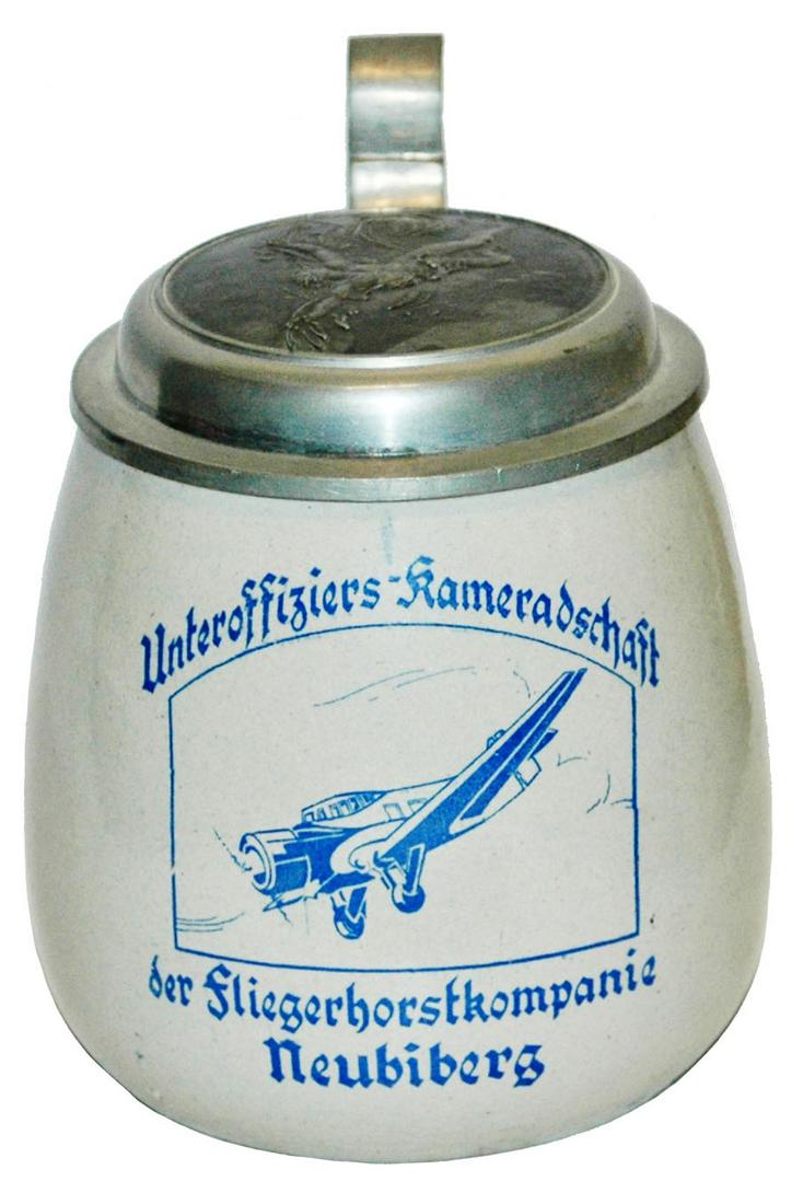 3rd Reich Fliegerhorstkompanie Airplane Stein: Third Reich Stein Stoneware POG 1/2L. ï¿½Unteroffiziers Kameradschaft der Fliegerhorstkompanie Neubiberg.ï¿½ Airplane scene. Relief angel lid. Mint.