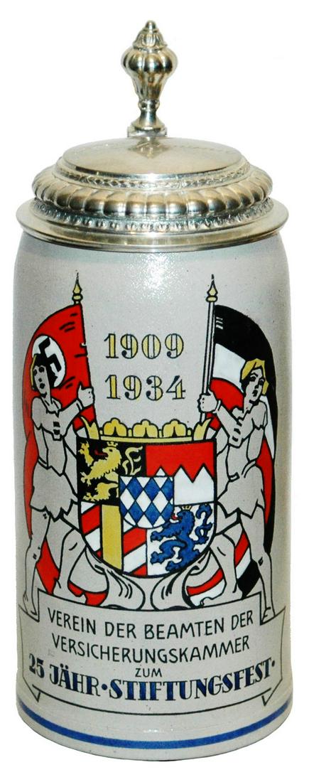 1L 3rd Reich Nazi Flag Stoneware Stein 1934: Third Reich Stein POG 1L. ï¿½Verein Der Beamten Der Versicherungskammer zum 25 Jahr Stiftungsfest 1909-1934.ï¿½ Nazi flag. Mint.