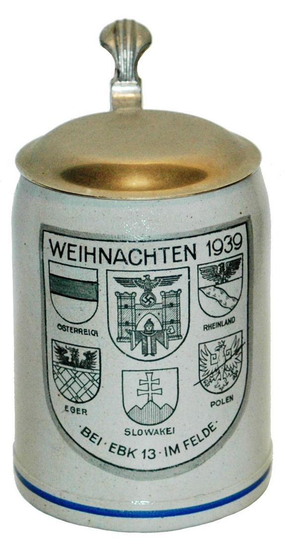 3rd Reich Shields Weihnachten 1939 Stoneware Stein: Third Reich Stein Stoneware POG 1/2L. ï¿½Weihnachten 1939ï¿½ and shields. Mint.