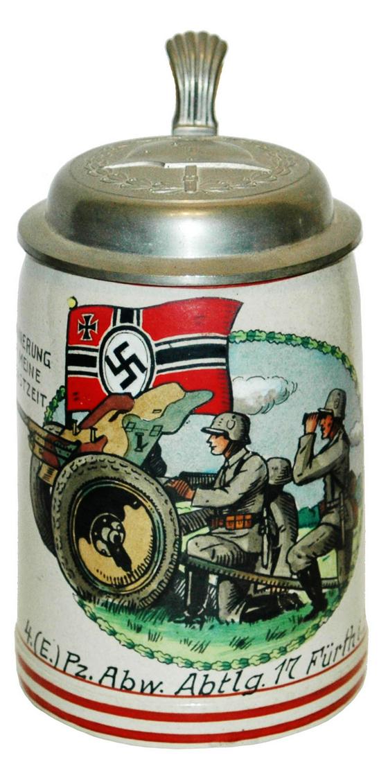3rd Reich Artillery Soldiers & Flag Stein: Third Reich Stein 1/2L Stoneware. ï¿½4 E. Pz. Abw. Abtlg. 17 Furth I. Bay.ï¿½ Artillery men. Mint.