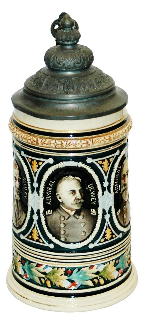 Six American Generals & Admirals Hanke Relief Stein: Pottery Hanke #1258 Relief 1/2L. Ã¯Â¿½General Miles, Admiral Schley, Admiral Dewey, Admiral Sampson and General Lee.Ã¯Â¿½